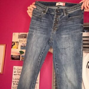 Stylish Blue Jeans with Unique Waistband and Straight Leg by Cabi